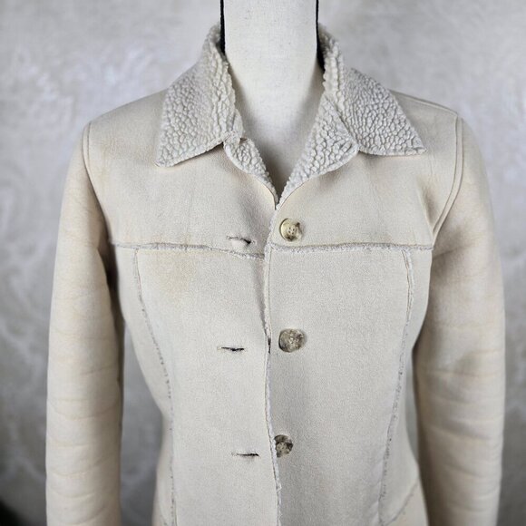 LOB Casual World Cream Colored Faux Suede Shearling Interior Button Front Jacket - Picture 3 of 12